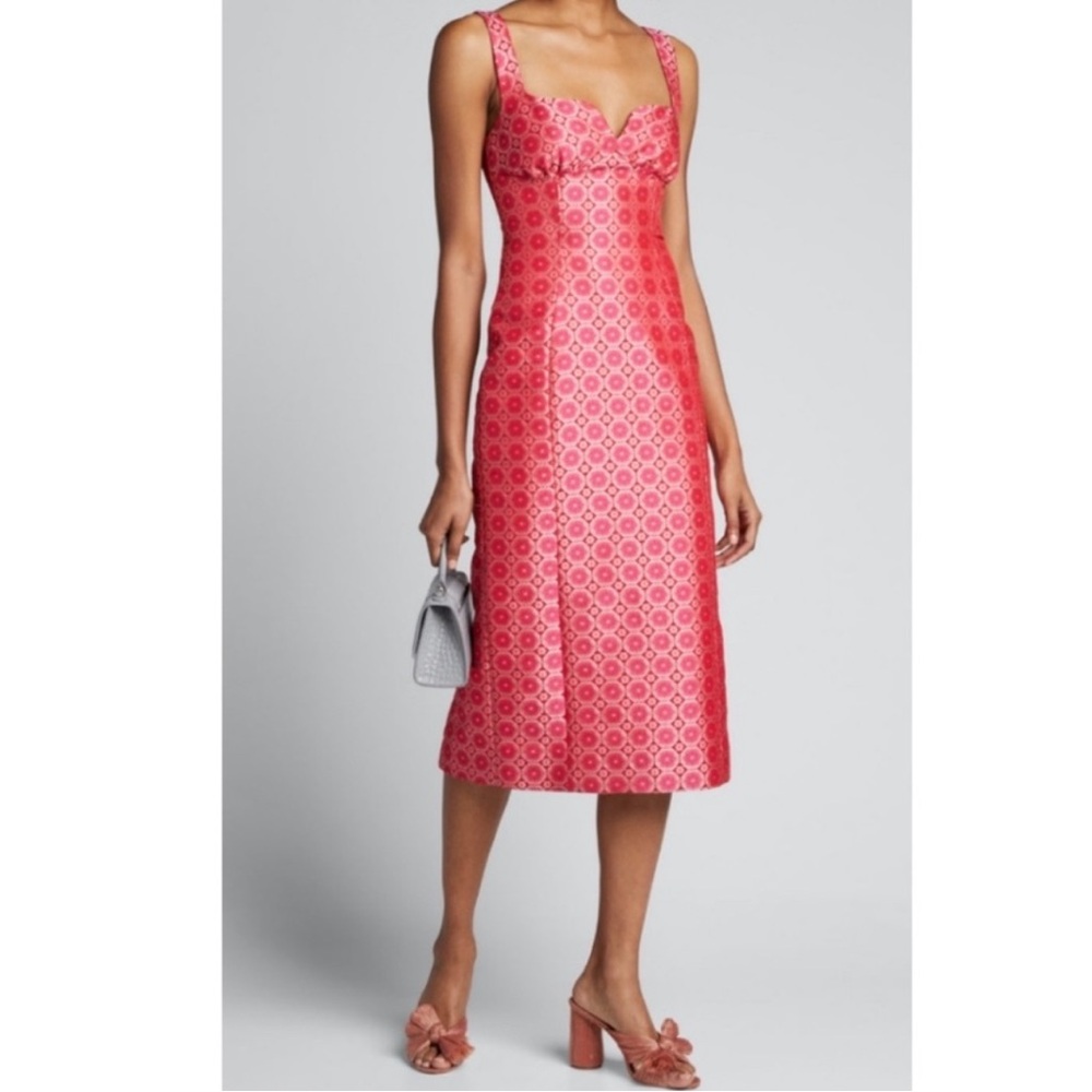 Saloni Halle sweetheart pink and red jaquard silk midi dress